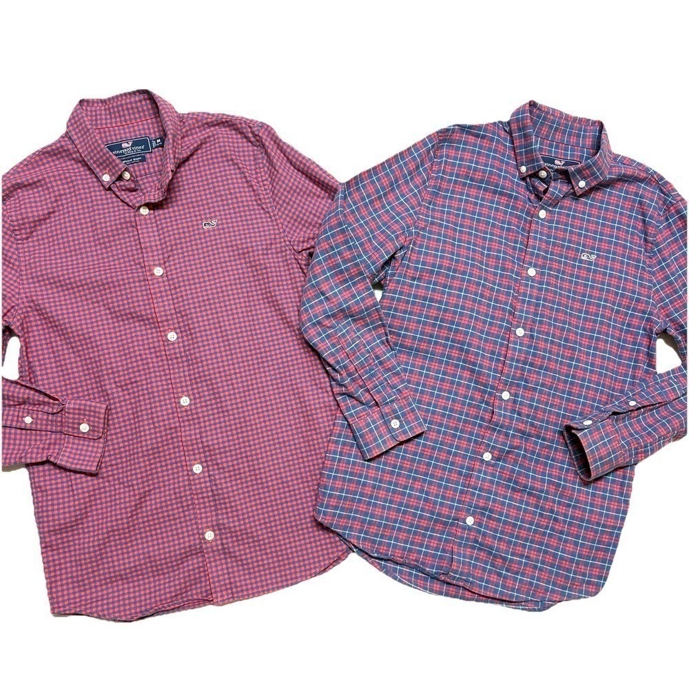 Lot (2) Vineyard Vines Whale Shirts Long Sleeve Button Plaid Check Boys M 12/14